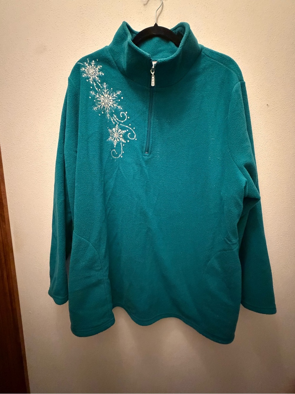 Quacker Factory Teal Half-Zip Fleece Sweater with Snowflake Embroidery